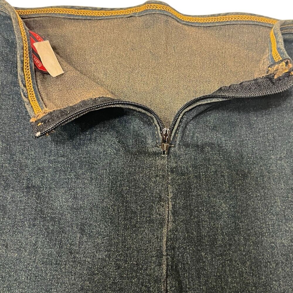 Y2K Denim Midi Skirt Small Fitted Boho Festival Bold Stitching Detail Jean Skirt - Picture 7 of 12